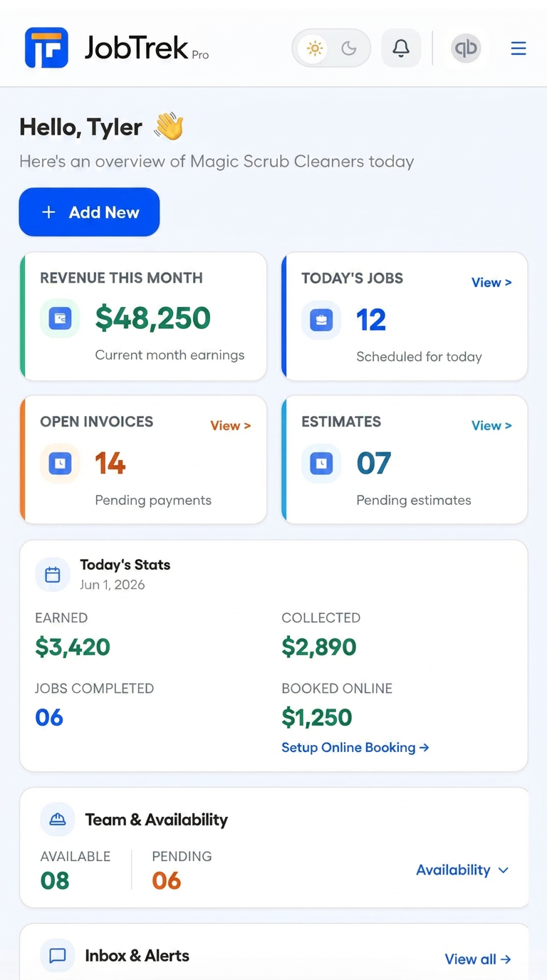 JobTrek Pro admin mobile dashboard showing revenue, jobs, and team availability