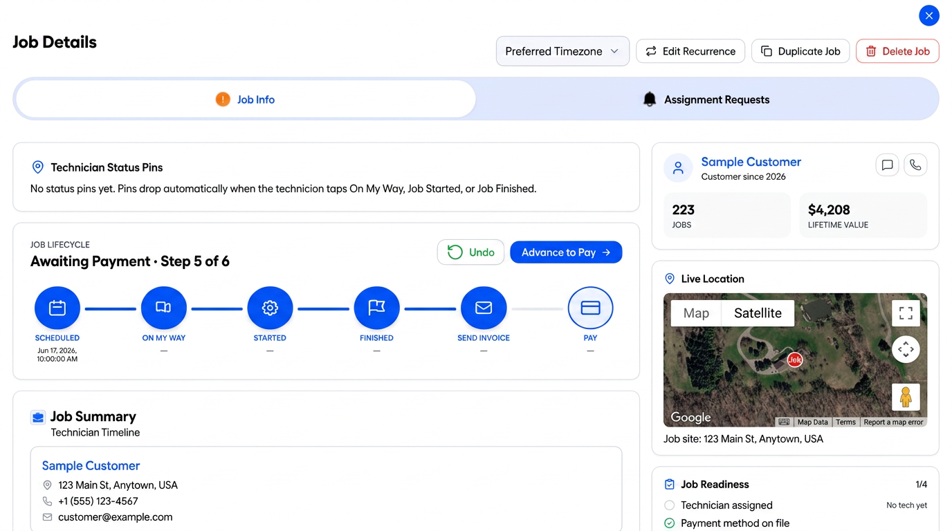 JobTrek Pro job details view showing the job lifecycle, technician status pins, live map location, and job readiness checklist