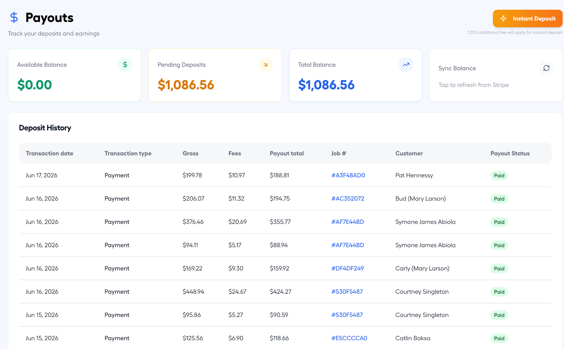 JobTrek Pro Payouts dashboard showing available balance, pending deposits, total balance, and deposit history with Instant Deposit